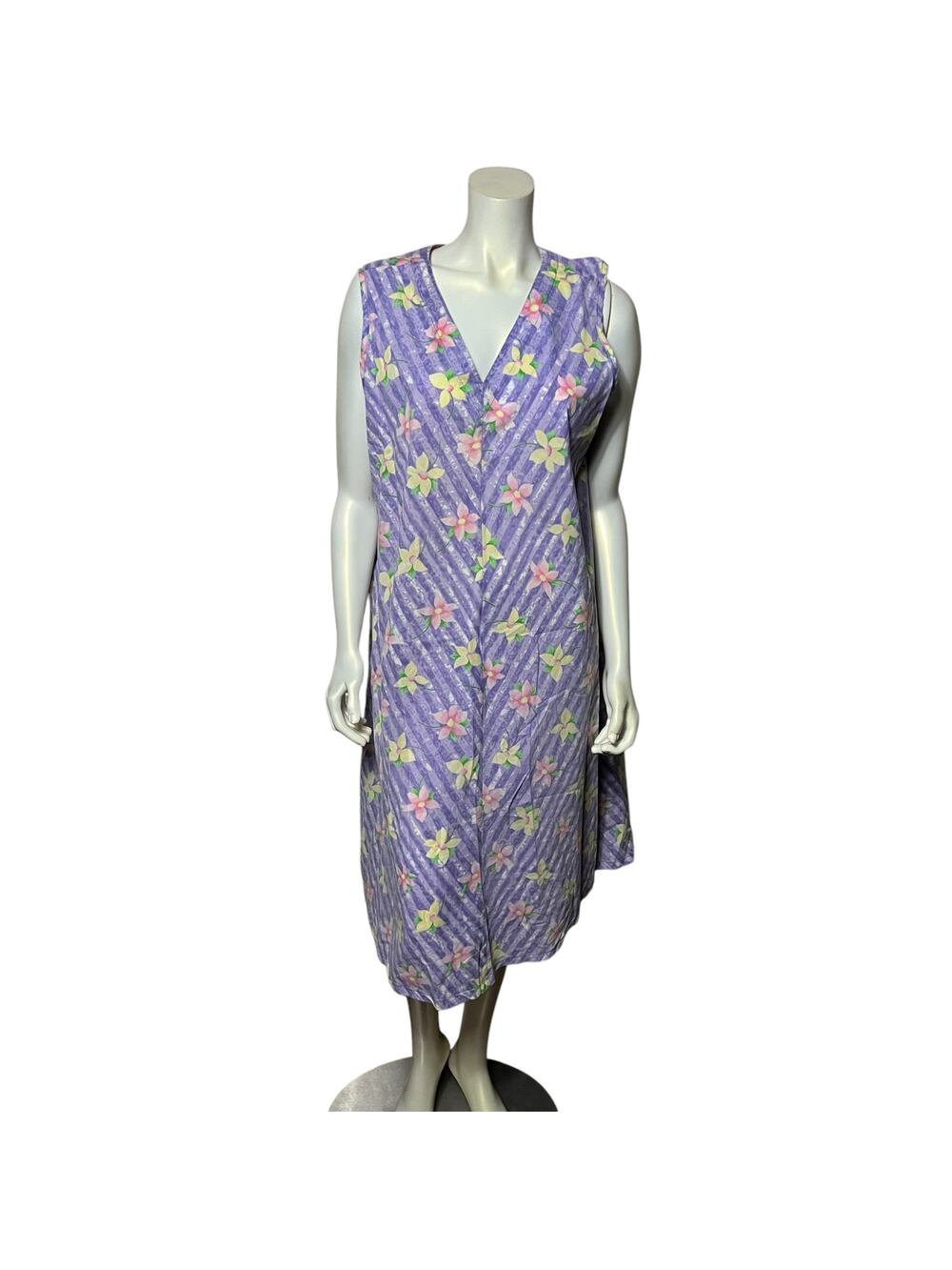 Anthony Richards Floral Midi Housedress Purple Stripe Sleeveless V-Neck Lounge L